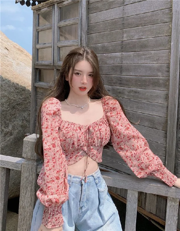 Fashion Floral Chiffon Women's Shirt Sweet Square Neck Puff Sleeve Crop Tops Lace Up Long Sleeve Blouse Woman      S2828 Country