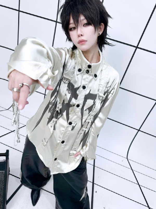 Drop Sleeve Ribbon Metal Rivet Graffiti Print Shirt【s0000011888】 Tough Women's Military - inspired Drop Sleeve Ribbon Metal Rivet Graffiti Print Shirt【s0000011888】 Tough Women's Military - inspired